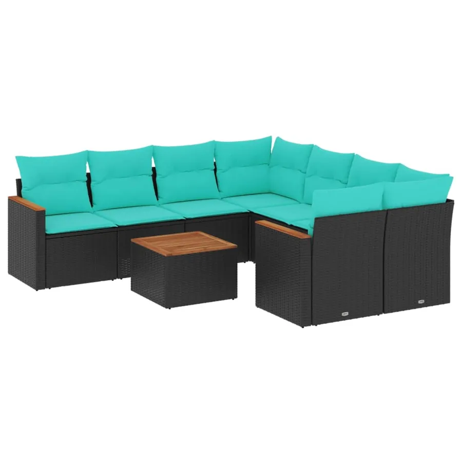 Ensemble de canapé de jardin 9 pcs avec coussins noir résine tressée - 2