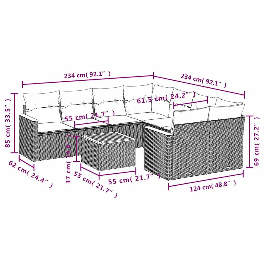 Ensemble de canapé de jardin 9 pcs avec coussins noir résine tressée - 8