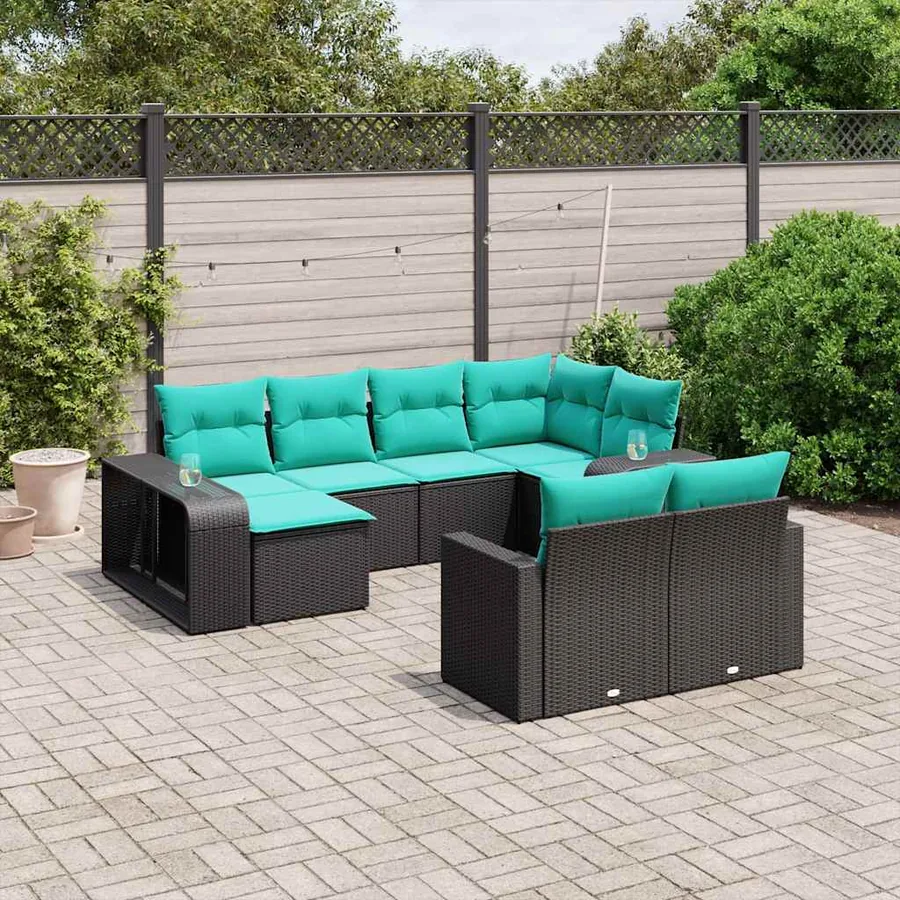 Salon de jardin 10 pcs avec coussins noir résine tressée