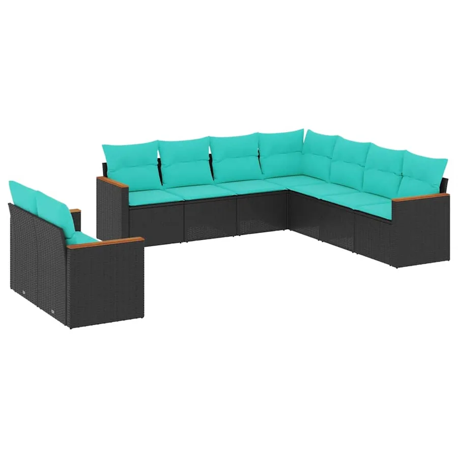 Salon de jardin 9 pcs avec coussins noir résine tressée - 2