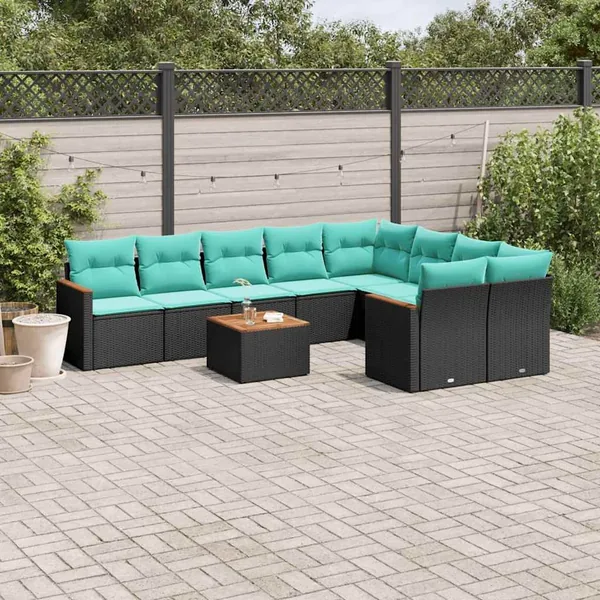 Ensemble de canapé de jardin 10 pcs avec coussins noir résine tressée