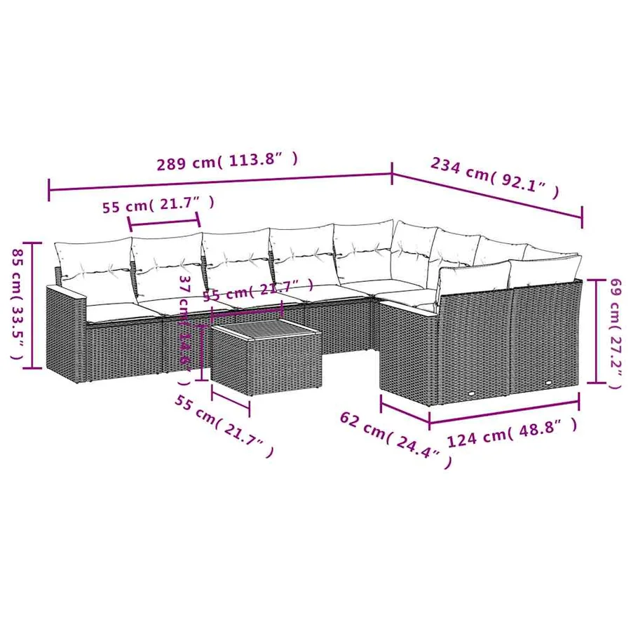 Ensemble de canapé de jardin 10 pcs avec coussins noir résine tressée - 8