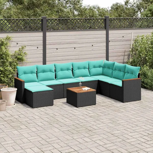 Ensemble de canapé de jardin 9 pcs avec coussins noir résine tressée