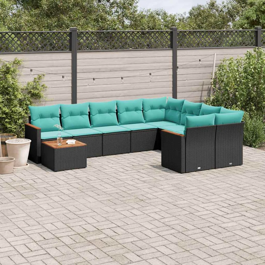 Ensemble de canapé de jardin 10 pcs avec coussins noir résine tressée