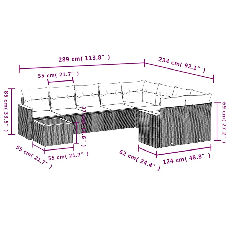 Ensemble de canapé de jardin 10 pcs avec coussins noir résine tressée - 8