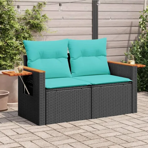 Canapé de jardin avec coussins 2 places en résine tressée noire