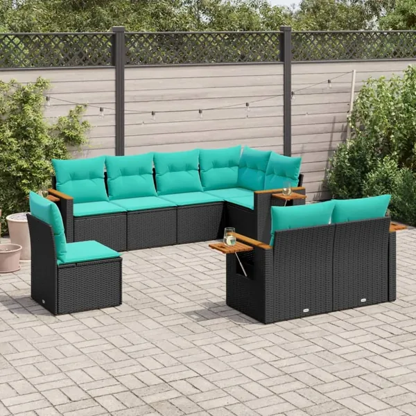 Salon de jardin 8 pcs avec coussins noir résine tressée