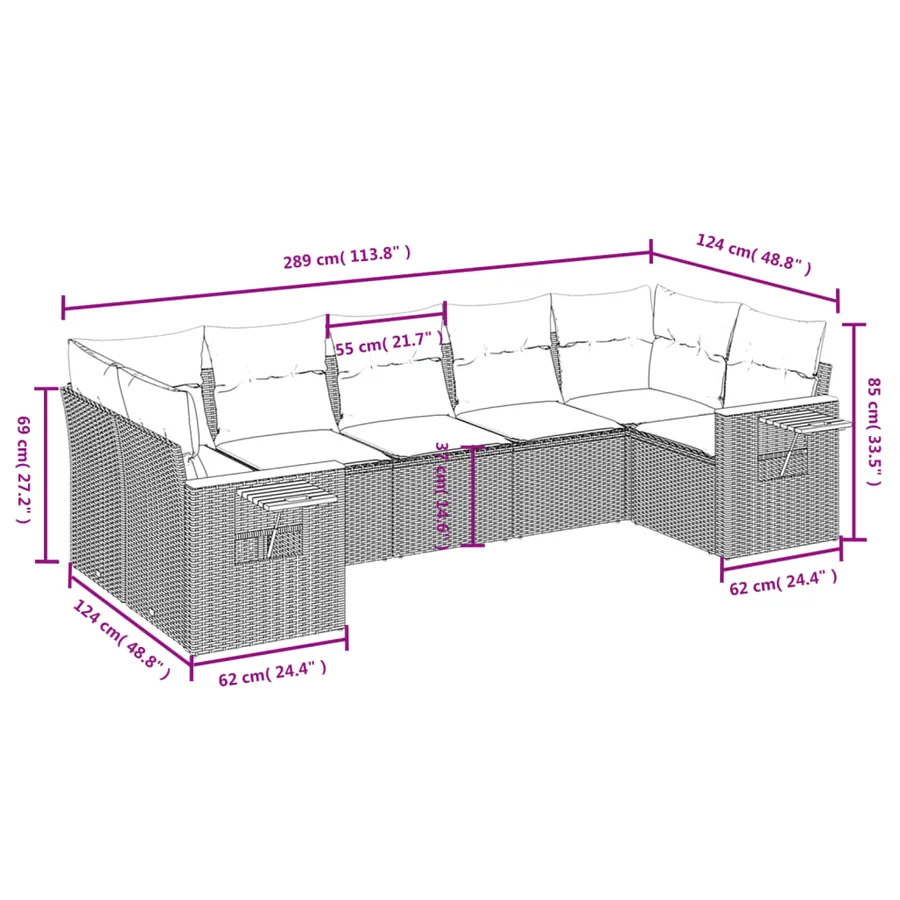 Salon de jardin 7 pcs avec coussins noir résine tressée 62 x 62 x 69 cm - 59,8 kg - 8