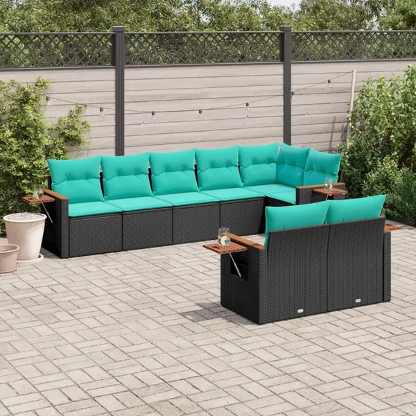 Salon de jardin 8 pcs avec coussins noir résine tressée