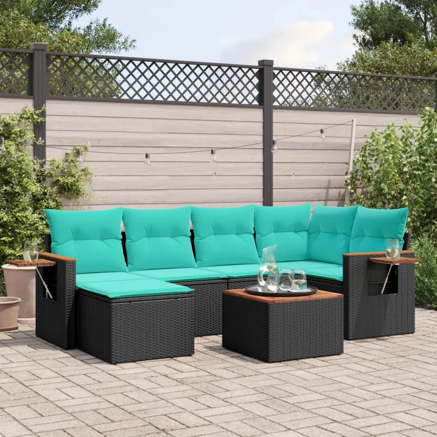 Salon de jardin 7 pcs avec coussins noir résine tressée 62 x 62 x 69 cm - 57,8 kg