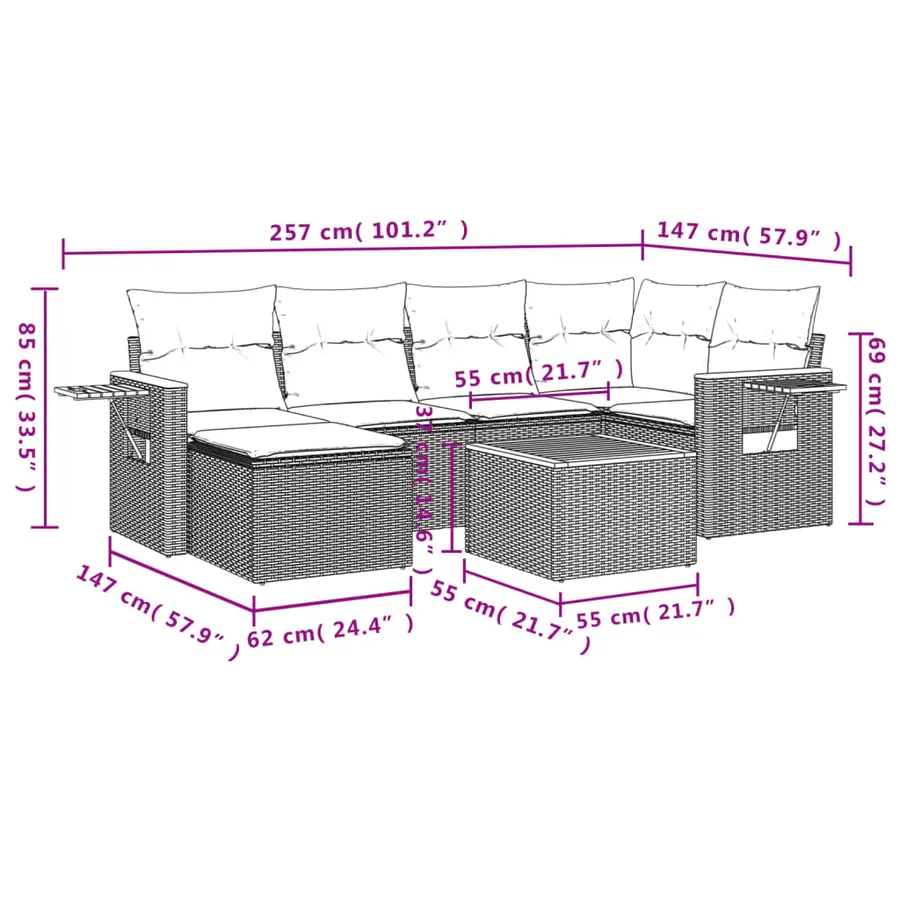 Salon de jardin 7 pcs avec coussins noir résine tressée 62 x 62 x 69 cm - 57,8 kg - 10