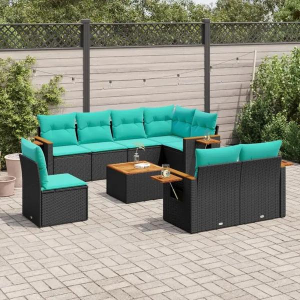 Salon de jardin 9 pcs avec coussins noir résine tressée