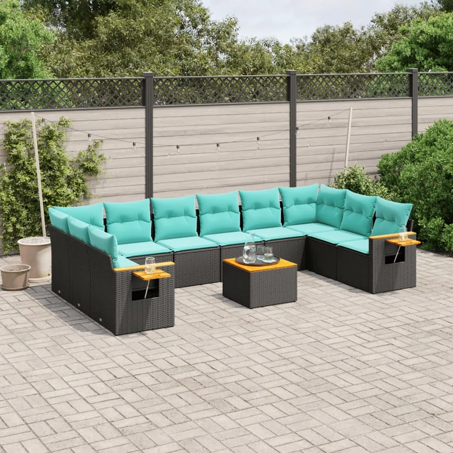 Salon de jardin 11 pcs avec coussins noir résine tressée
