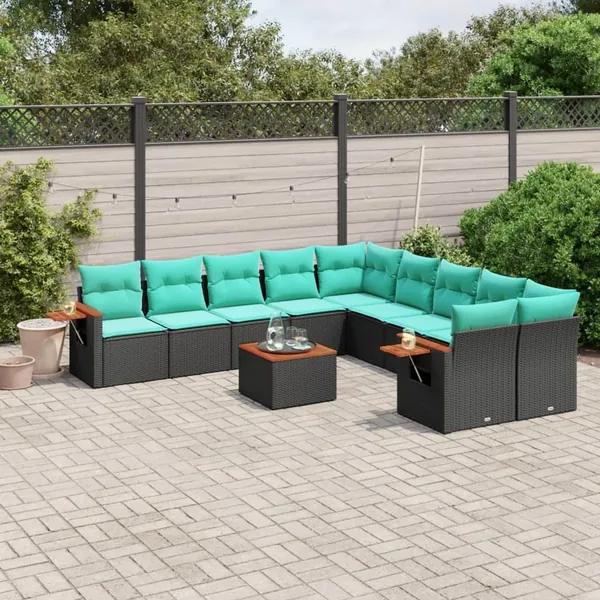 Salon de jardin 11 pcs avec coussins noir résine tressée