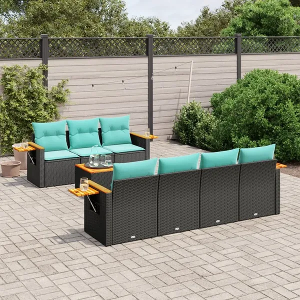 Salon de jardin 8 pcs avec coussins noir résine tressée