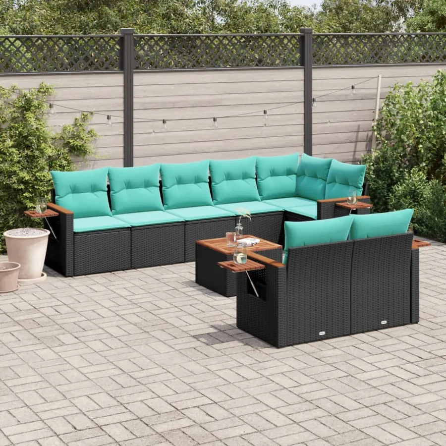 Salon de jardin 9 pcs avec coussins noir résine tressée