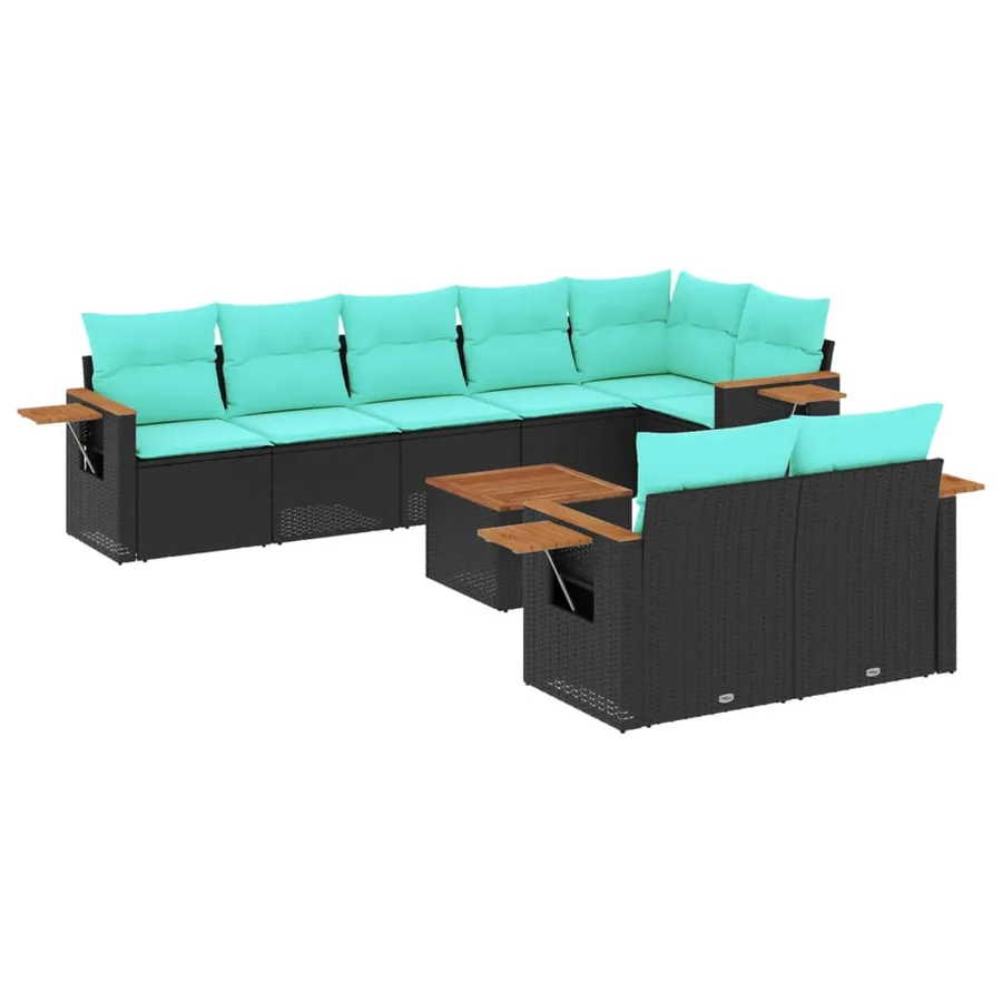 Salon de jardin 9 pcs avec coussins noir résine tressée - 2