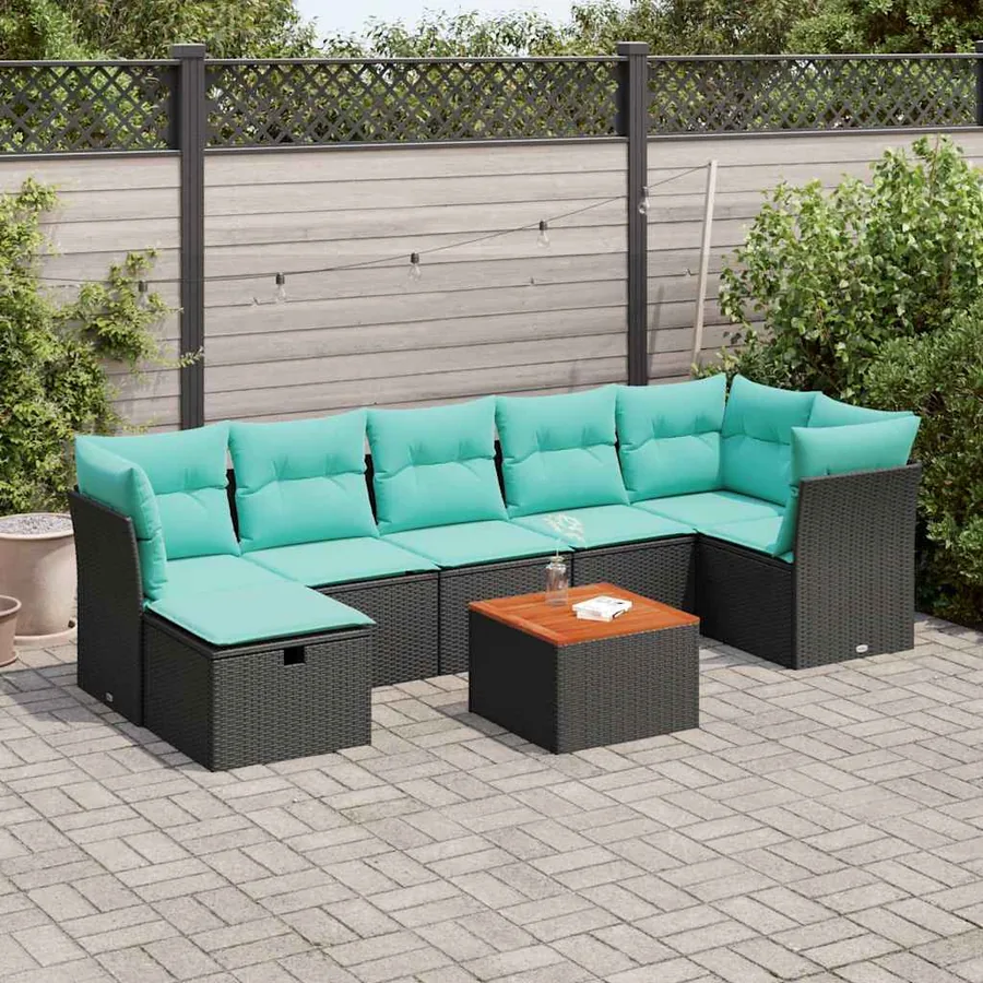Ensemble de canapé de jardin 8 pcs avec coussins noir résine tressée
