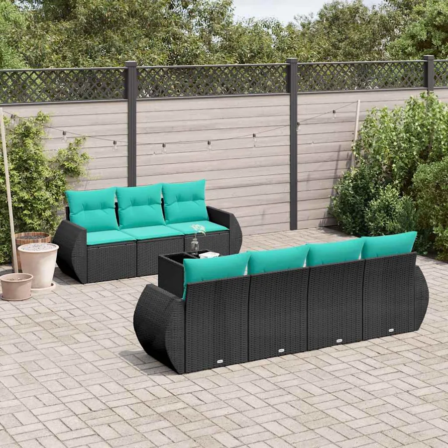 Ensemble de canapé de jardin 8 pcs avec coussins noir résine tressée