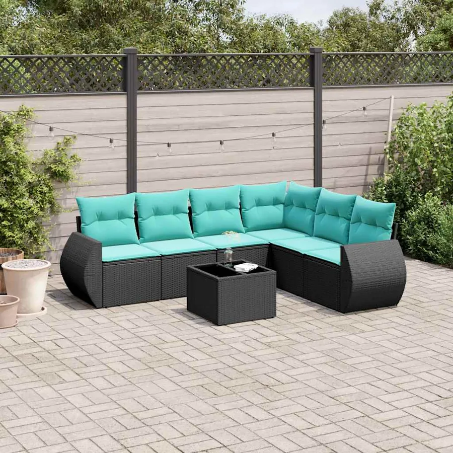 Ensemble de canapé de jardin 7 pcs avec coussins noir résine tressée