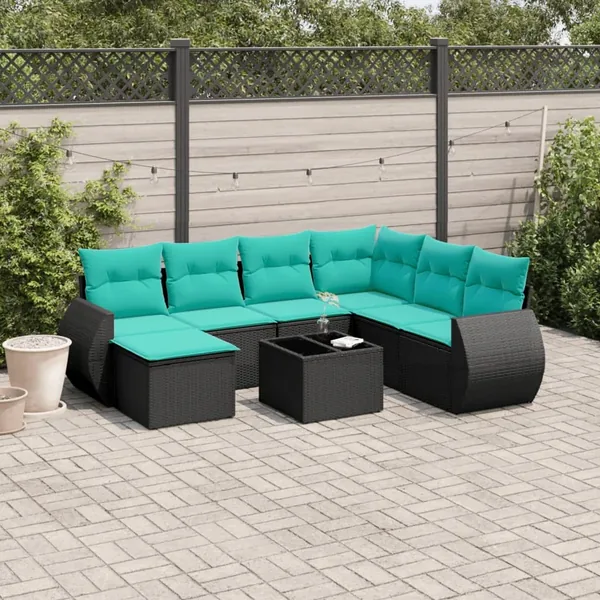 Ensemble de canapé de jardin 8 pcs avec coussins noir résine tressée