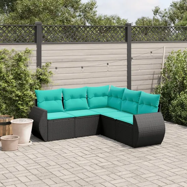 Salon de jardin 5 pcs avec coussins noir résine tressée