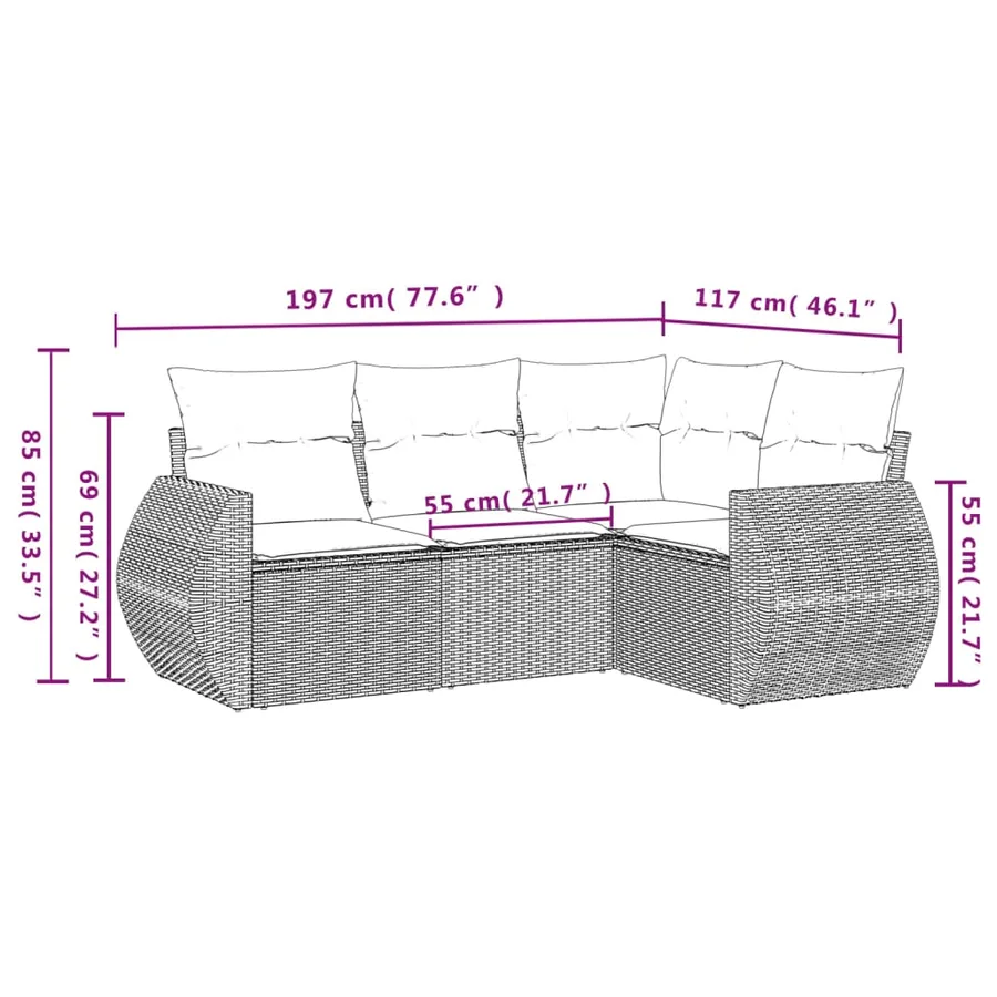 Salon de jardin 4 pcs avec coussins noir résine tressée - 9