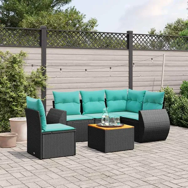 Ensemble de canapé de jardin 6 pcs avec coussins noir résine tressée