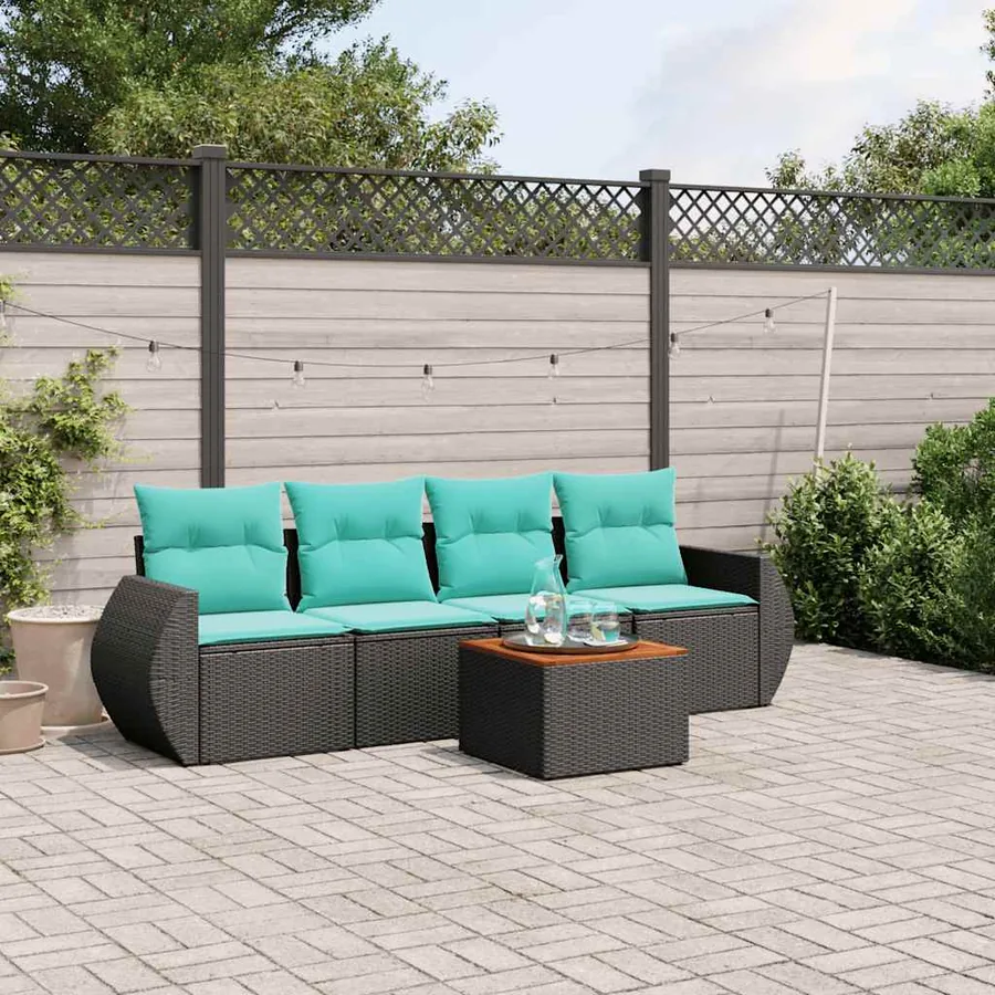 Ensemble de canapé de jardin 5 pcs avec coussins noir résine tressée