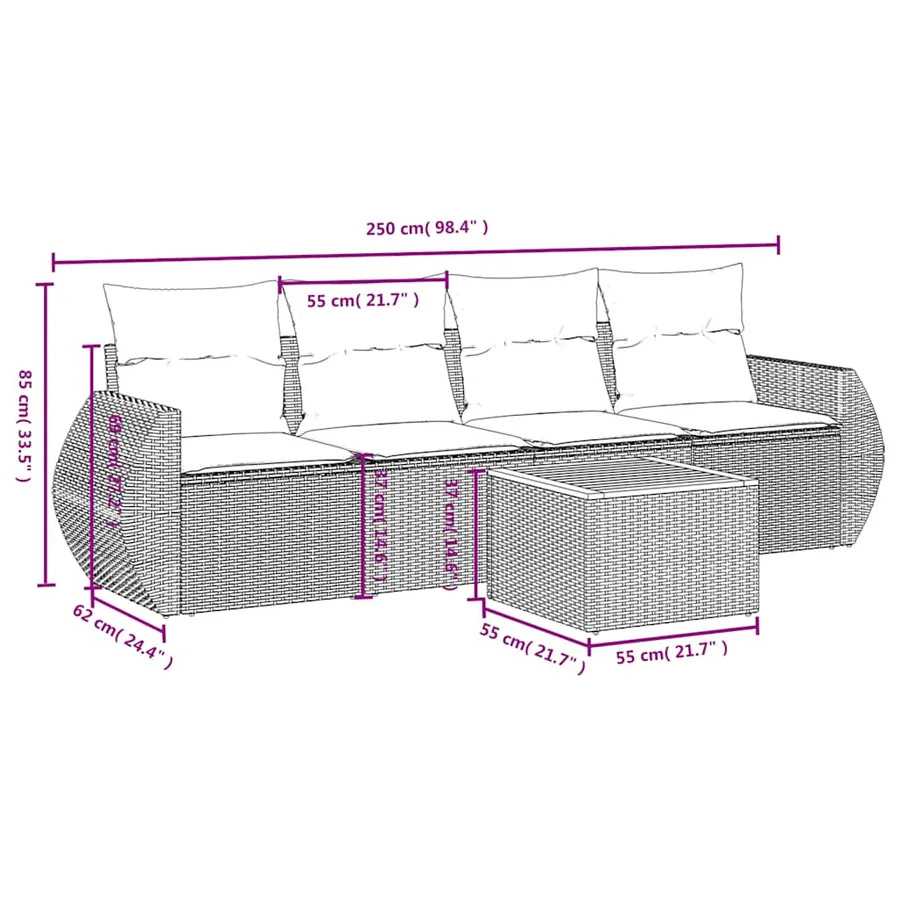 Ensemble de canapé de jardin 5 pcs avec coussins noir résine tressée - 7
