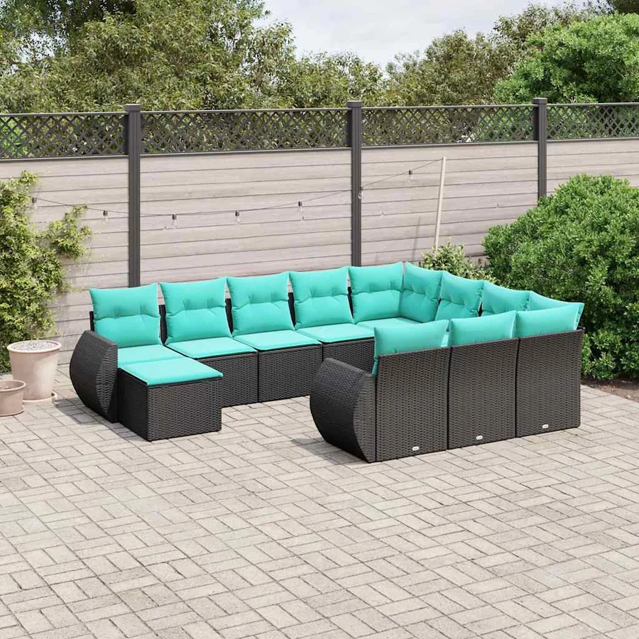 Ensemble de canapé de jardin 11 pcs avec coussins noir résine tressée