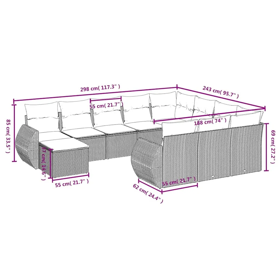 Ensemble de canapé de jardin 11 pcs avec coussins noir résine tressée - 8