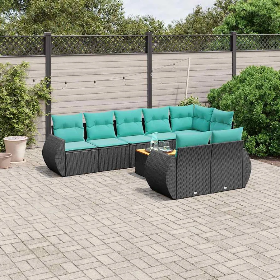 Ensemble de canapé de jardin 9 pcs avec coussins noir résine tressée