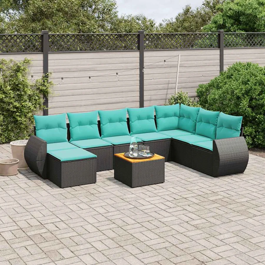 Ensemble de canapé de jardin 9 pcs avec coussins noir résine tressée