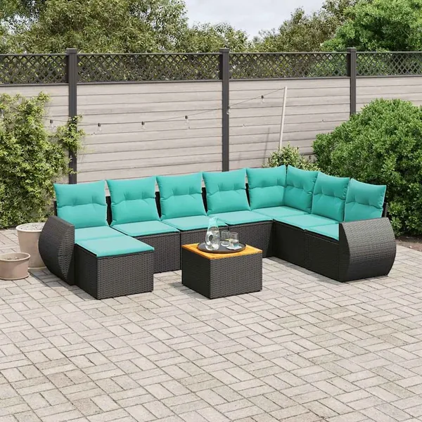 Ensemble de canapé de jardin 9 pcs avec coussins noir résine tressée