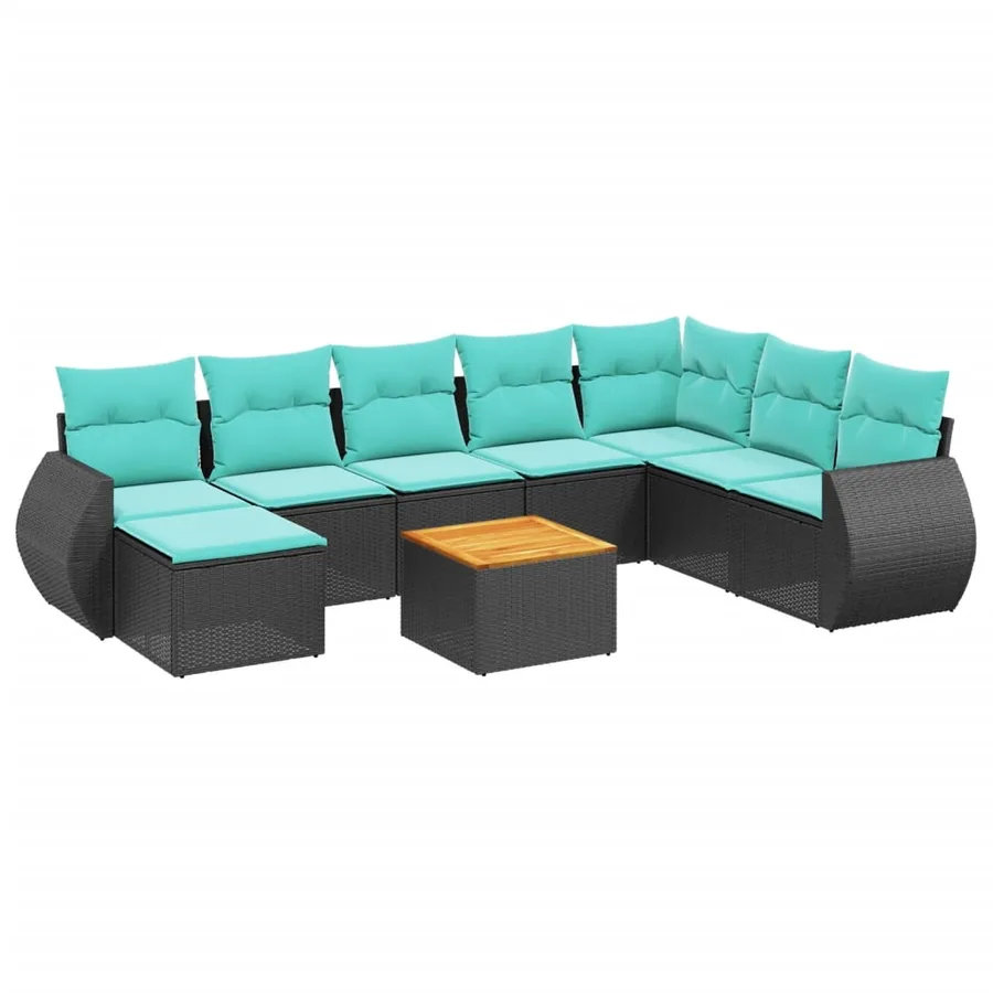 Ensemble de canapé de jardin 9 pcs avec coussins noir résine tressée - 2