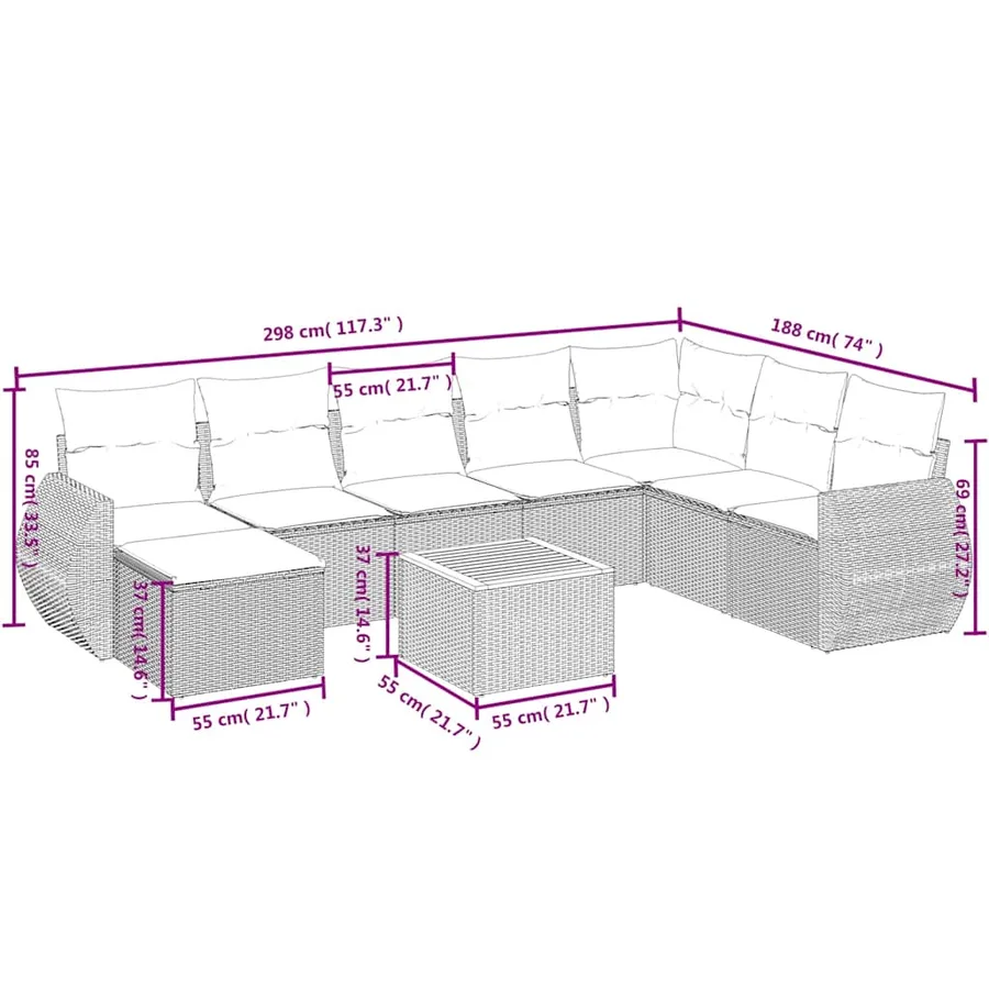Ensemble de canapé de jardin 9 pcs avec coussins noir résine tressée - 9