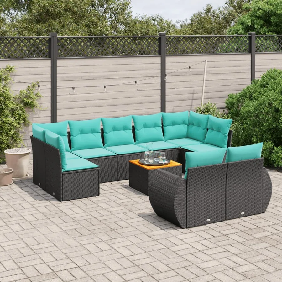 Ensemble de canapé de jardin 10 pcs avec coussins noir résine tressée