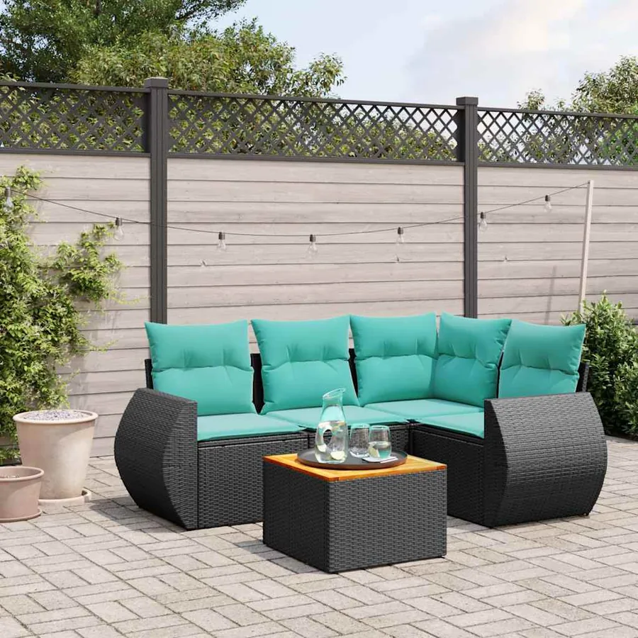 Ensemble de canapé de jardin 5 pcs avec coussins noir résine tressée
