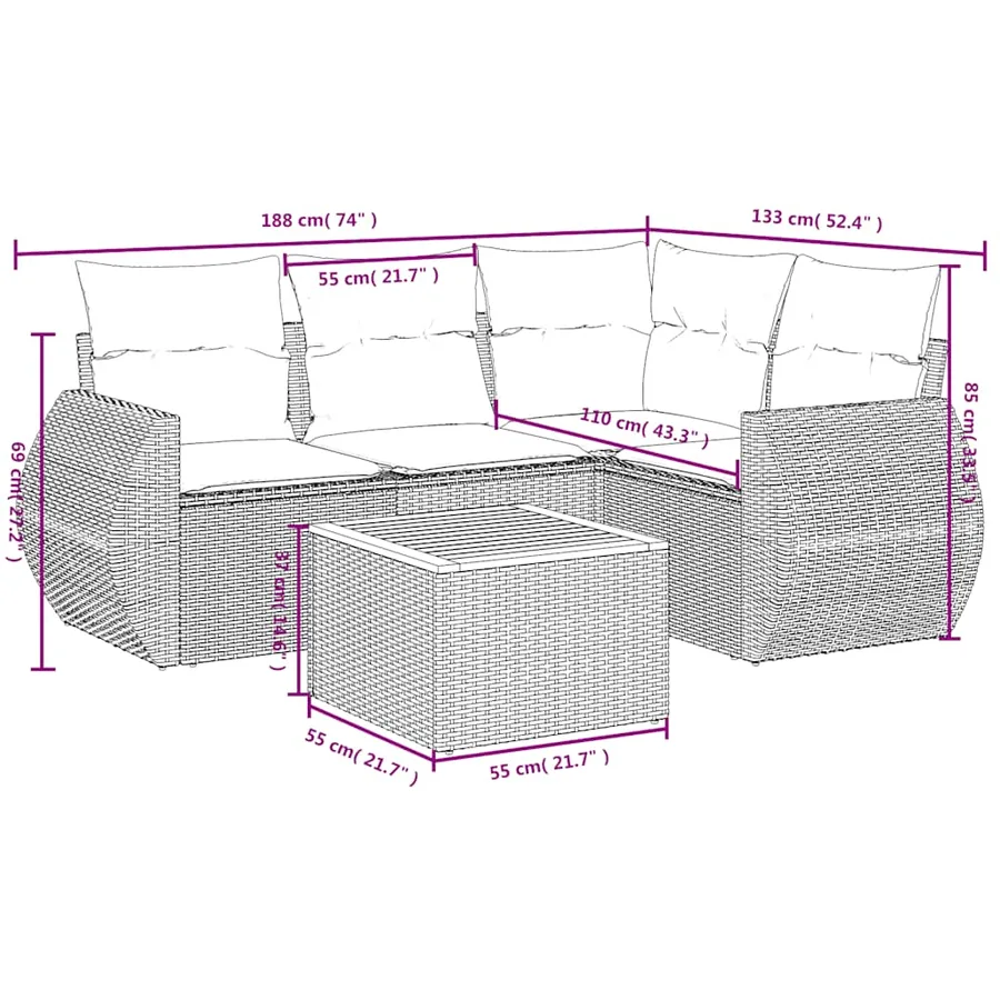 Ensemble de canapé de jardin 5 pcs avec coussins noir résine tressée - 8