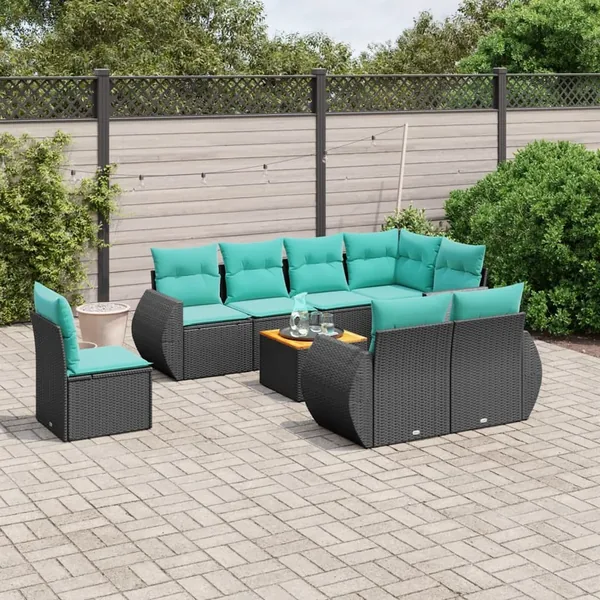 Ensemble de canapé de jardin 9 pcs avec coussins noir résine tressée