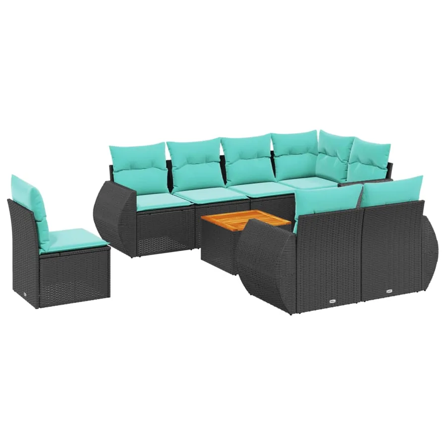 Ensemble de canapé de jardin 9 pcs avec coussins noir résine tressée - 2