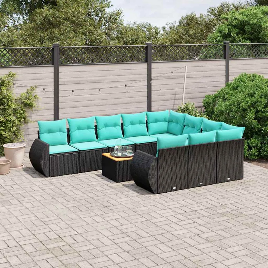 Ensemble de canapé de jardin 11 pcs avec coussins noir résine tressée