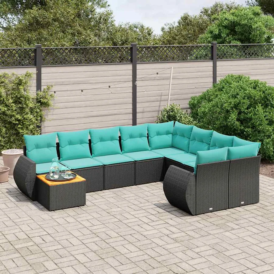 Ensemble de canapé de jardin 10 pcs avec coussins noir résine tressée