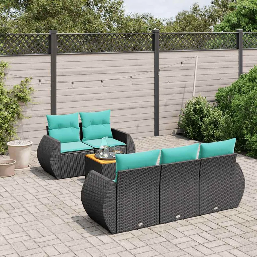 Ensemble de canapé de jardin 6 pcs avec coussins noir résine tressée