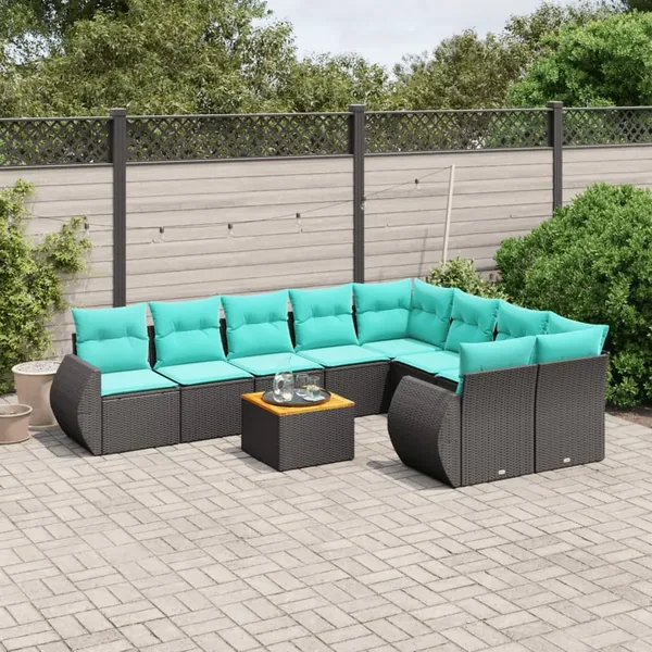 Ensemble de canapé de jardin 10 pcs avec coussins noir résine tressée