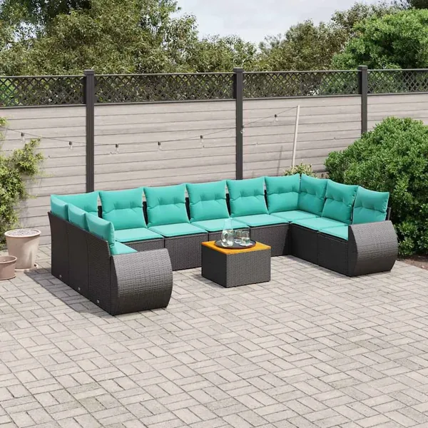 Ensemble de canapé de jardin 11 pcs avec coussins noir résine tressée