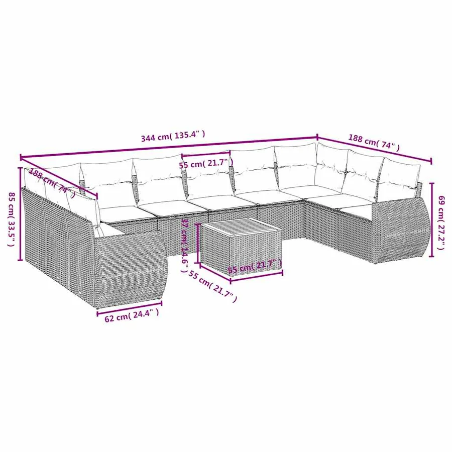 Ensemble de canapé de jardin 11 pcs avec coussins noir résine tressée - 8