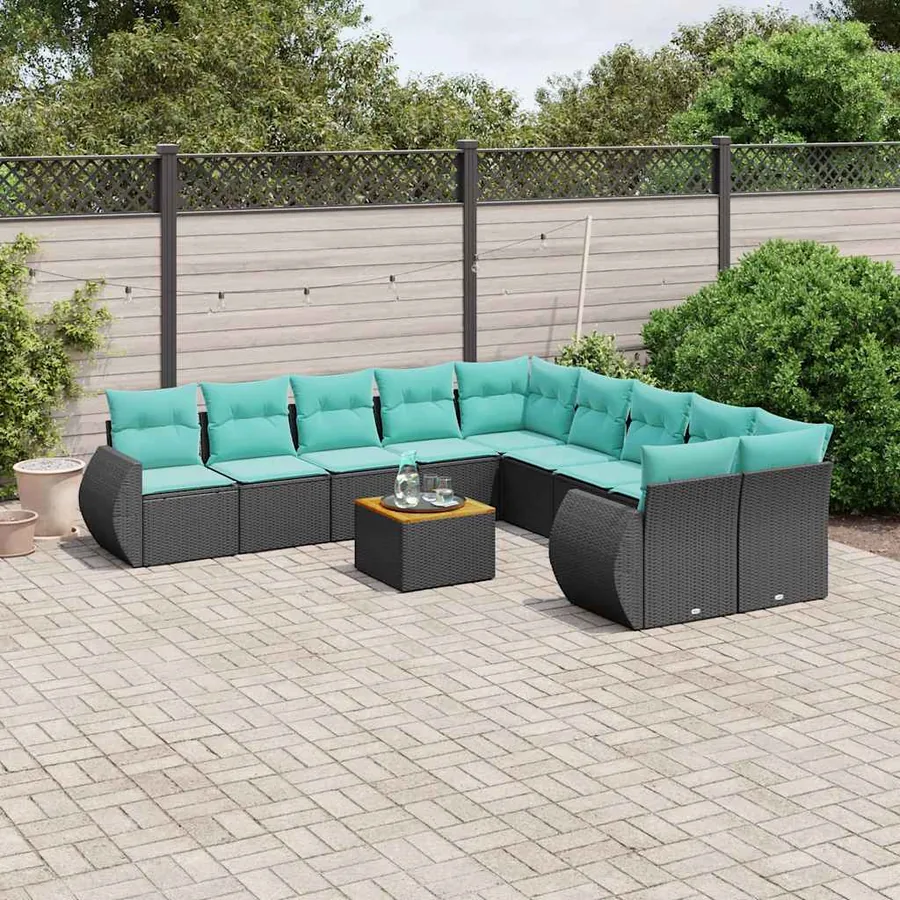 Ensemble de canapé de jardin 11 pcs avec coussins noir résine tressée