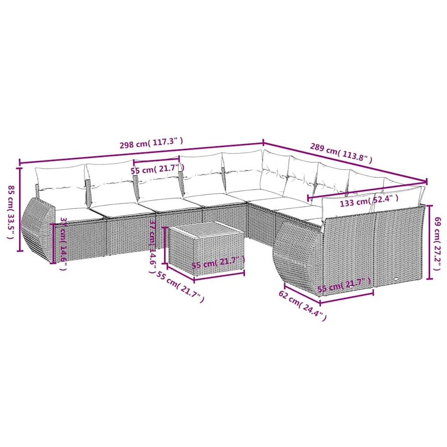 Ensemble de canapé de jardin 11 pcs avec coussins noir résine tressée - 8